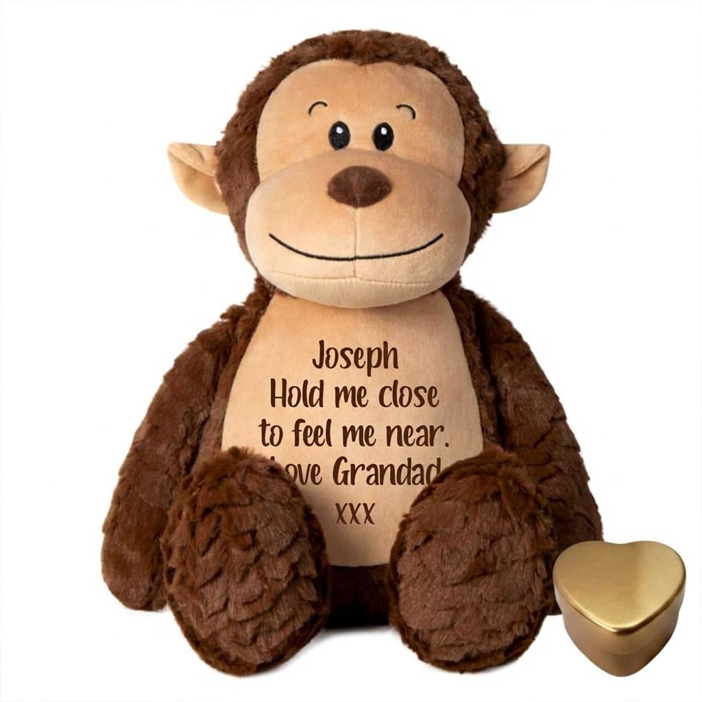 Large Personalised Ashes Keepsake Memory Monkey | Bereavement Memorial Gift | Metal Heart Shaped Tin Ashes Urn | Soft & Luxurious Remembrance Teddy Bear Grief Keepsake | Ashes Urn | 42cm Tall