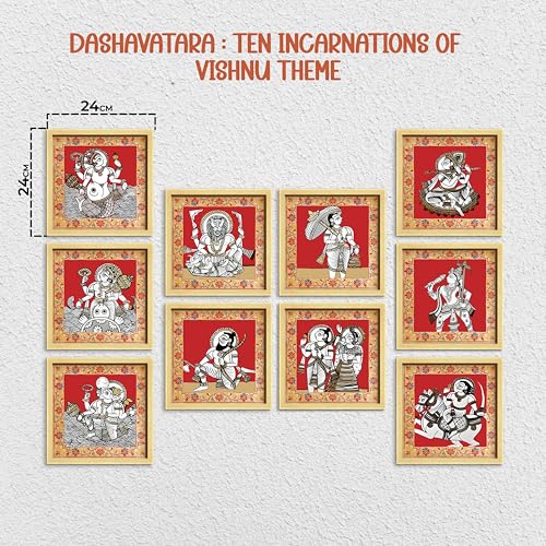 Image of Dashavatar Wall Art Paintings With Frame For Living Room | 10 Avatars of Lord Vishnu Framed Paintings | Sacred Hindu Spiritual Wall Decor Poster for Home, Pooja Room, Gifting, Set of 10, Size 24x24 cm