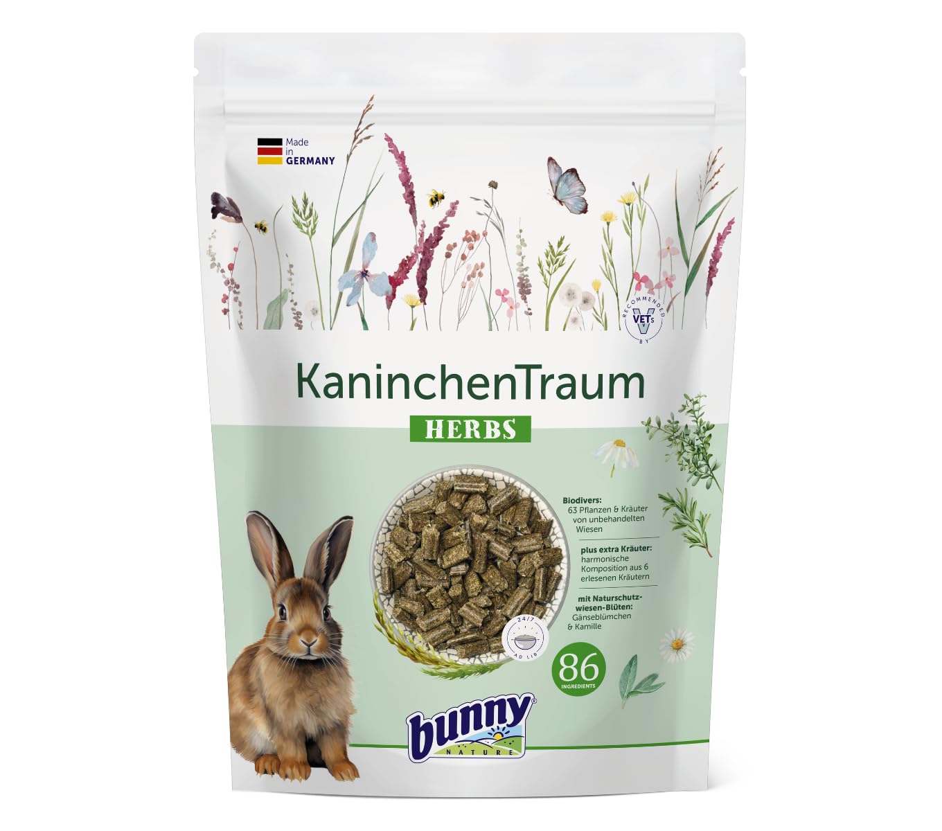 Bunny KaninchenTraum Erbe | 600 g | Alimento completo per conigli nani dai 6 mesi di età | 63 diverse piante ed erbe da prati non trattati | Miscela a 3 fibre