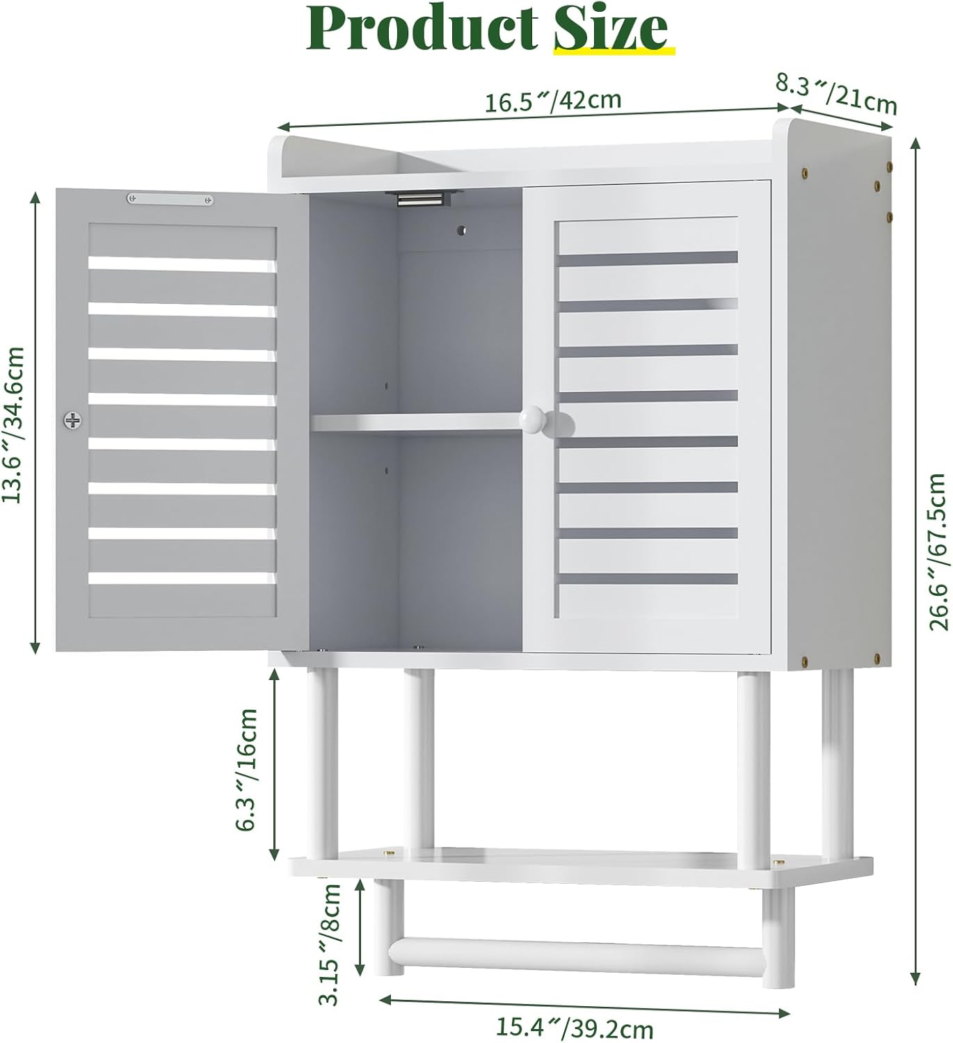 Bathroom Wall Cabinet, Over The Toilet Storage Cabinet with Adjustable Shelves, White Medicine Cabinets with Towel Bar, Bamboo Wall Mounted Hanging Cabinet with 2 Door for Laundry Room, White