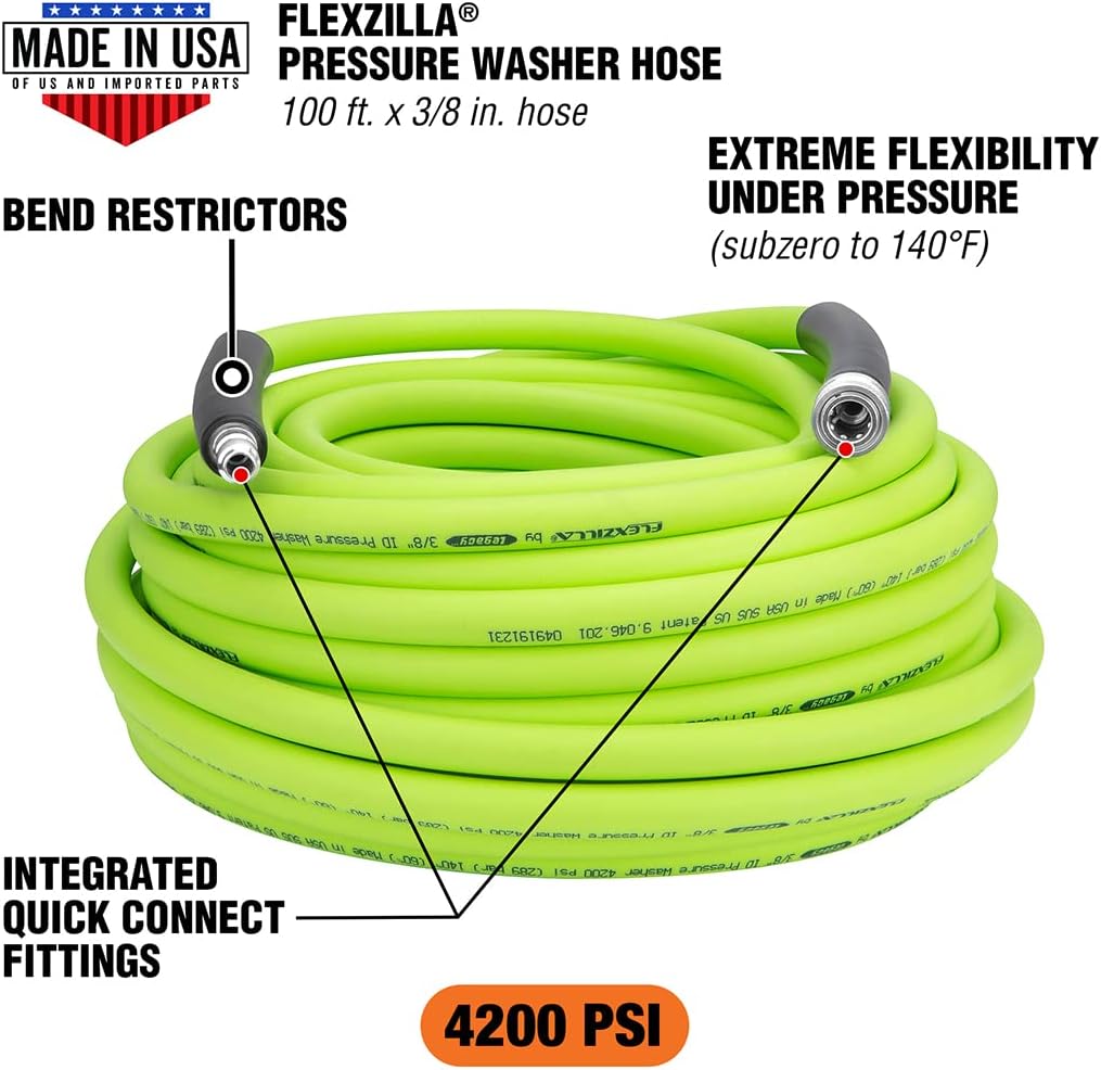 Flexzilla HFZPW426100Q-E 4200 PSI, 100' Pressure Washer Hose, 3/8 in. x 100 ft, ZillaGreen