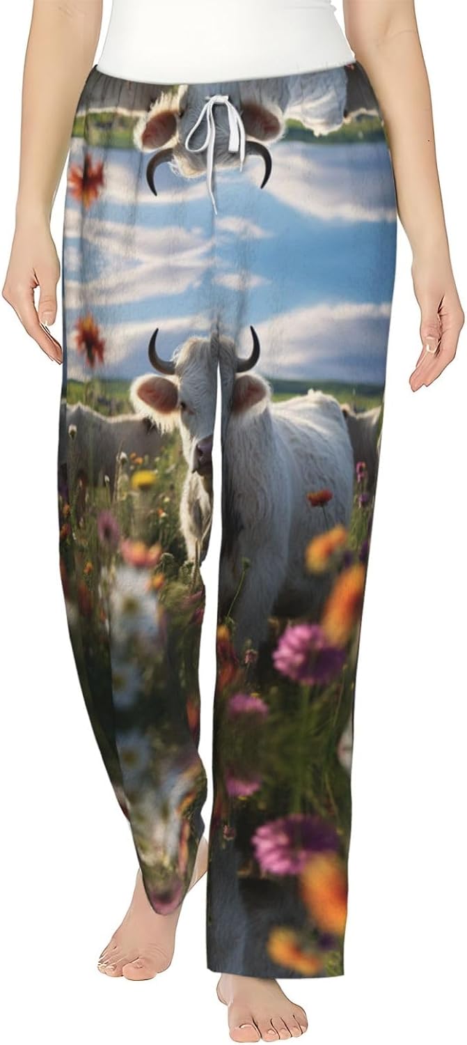 Flower Cow Farm Print Cozy Christmas Pajama Pants,Flannel Pajama Bottoms,Cater To Various Body Types