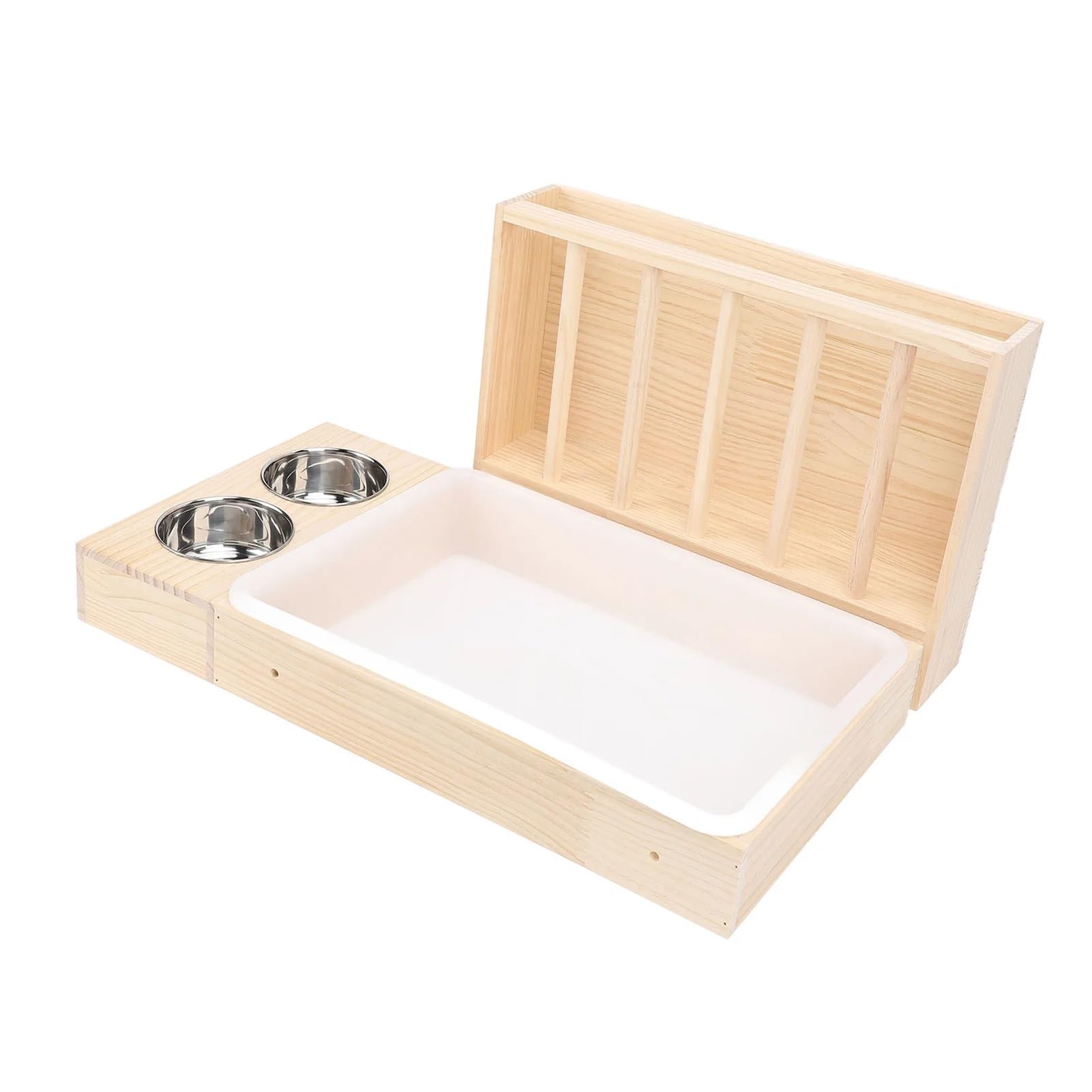 Distribuidor automático de heno para Conejos Comedero de heno for Conejos con Caja Arena, 2 Cuencos Acero Inoxidable, Pesebre alimentación Madera a Prueba Suciedad for Animales pequeños hámster