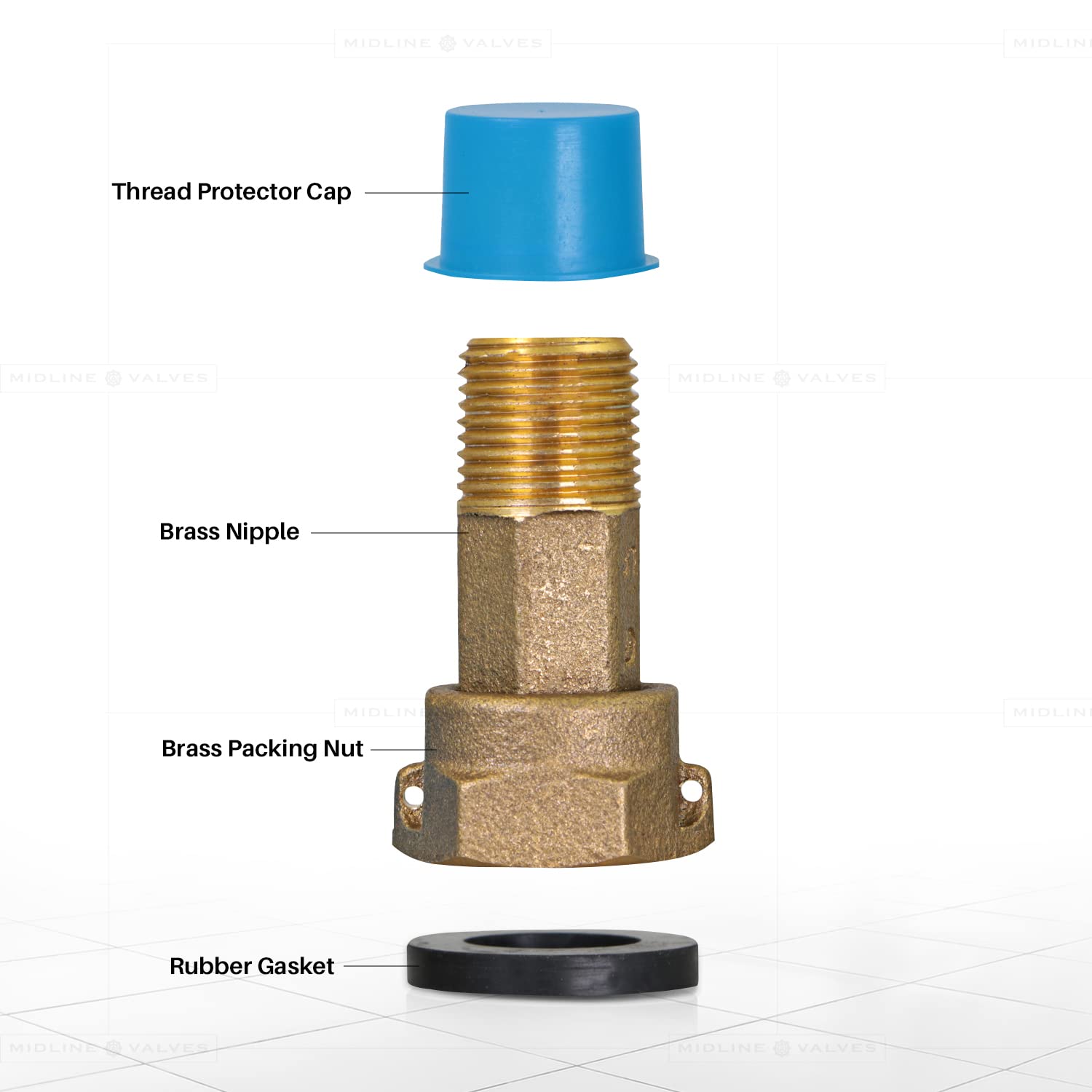Midline Valve XND0012-OM - Adaptador de acoplamiento para medidor de agua de latón con tuerca y junta 1/2" MIP x 3/4" FIP