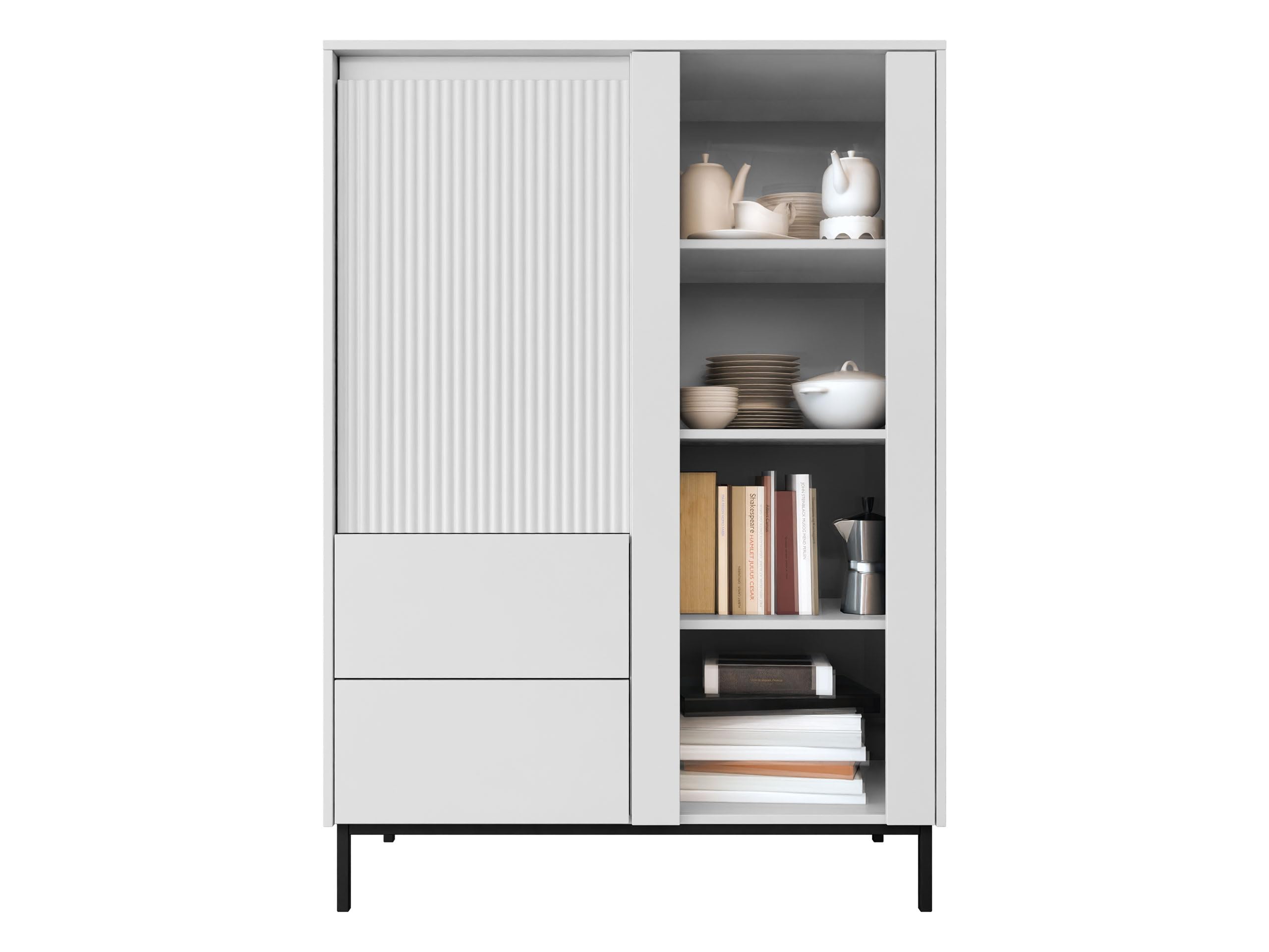 Mirjan24 Standvitrine Ozmi 2D2S, Vitrine mit 2 Türen und 2 Schubladen, innen 7 Fächer, Metallfüße, Push to Open, geriffelte Fronten, Vitrinenschrank für Wohnzimmer (Weiß)