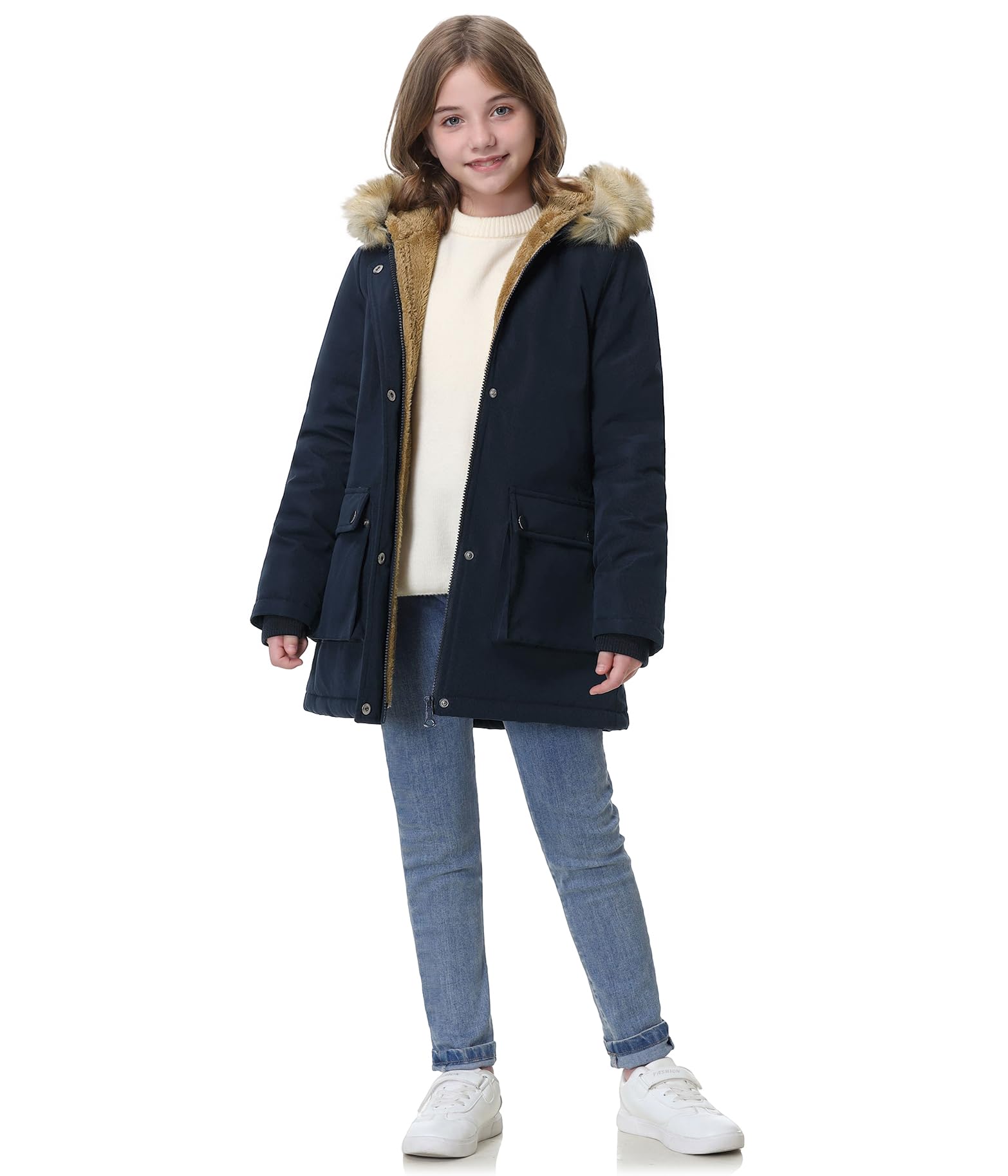 Vancavoo Abrigo Niña Invierno Chaqueta con Pelo Capucha Plumas Mediana Longitud Caliente Cazadora Ropa por 6-12 Años