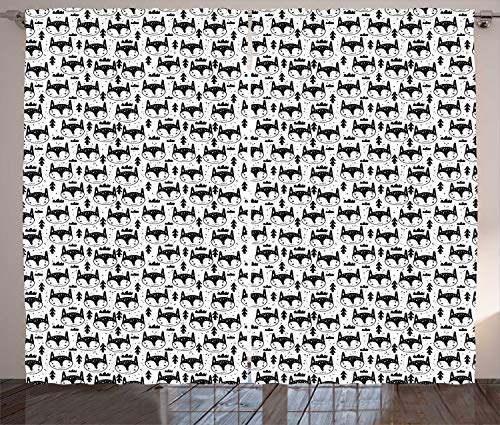 Ambesonne Monochrome Curtains, Theme Wild Fox Animal Head Pattern with