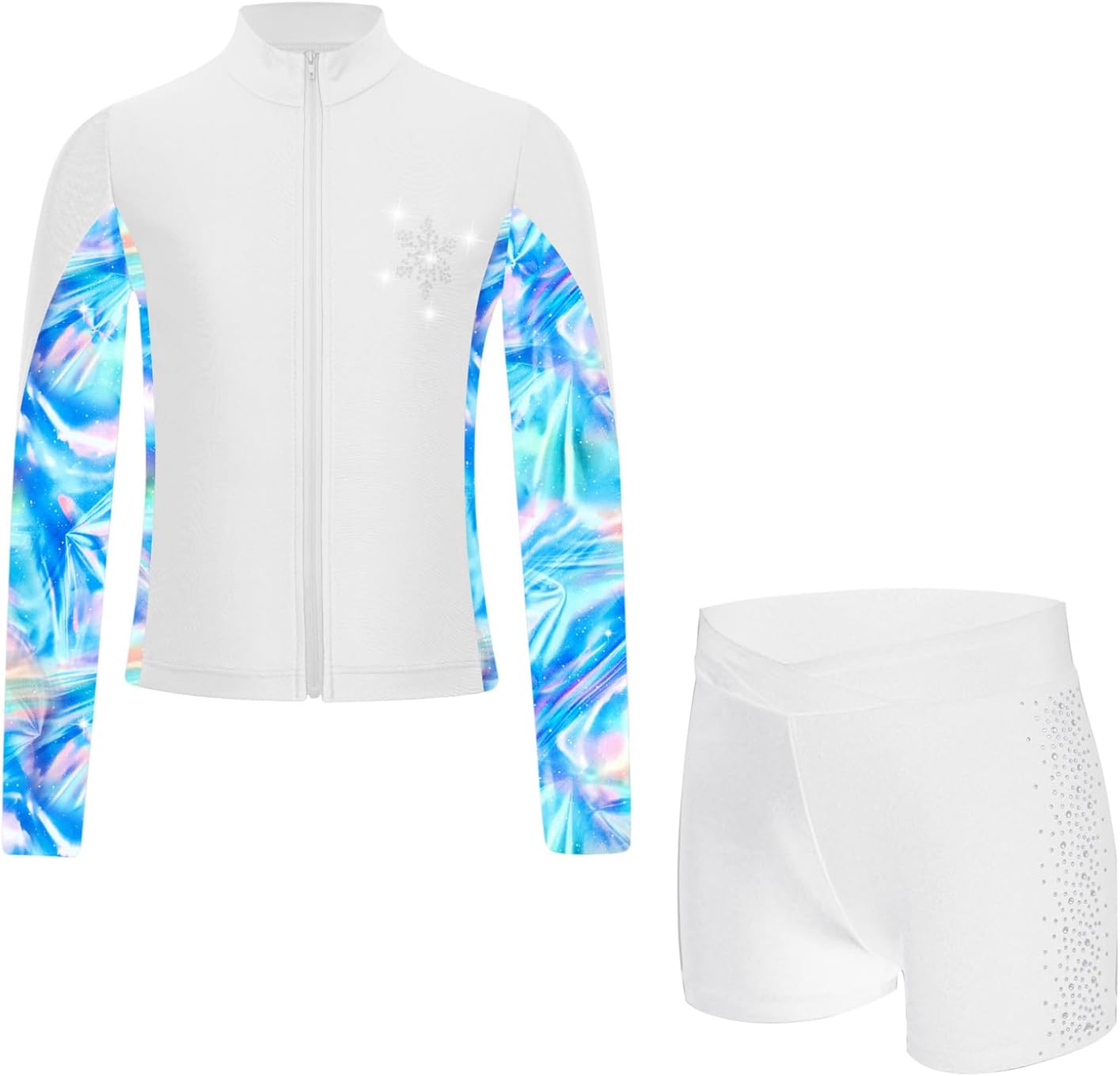 Hansber Kids Girls Figure Skating Training Tracksuit Zipper Long Sleeve Jacket with Sport Short Set Gymnastics Activewear