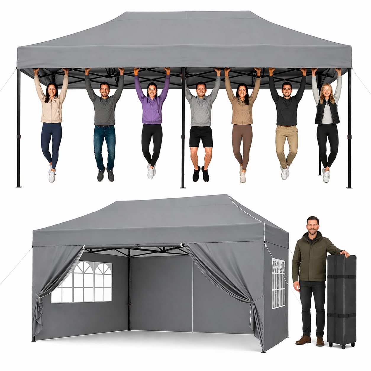 Aoxun Pop Up Gazebo 3 x 4.5m with Sides, Waterproof Outdoor Canopy with Wheeled Carrybag,6 Weight Bags, 8 Stakes and 4 Ropes, Heavy Duty Instant Shelter for Garden Party BBQ, Grey