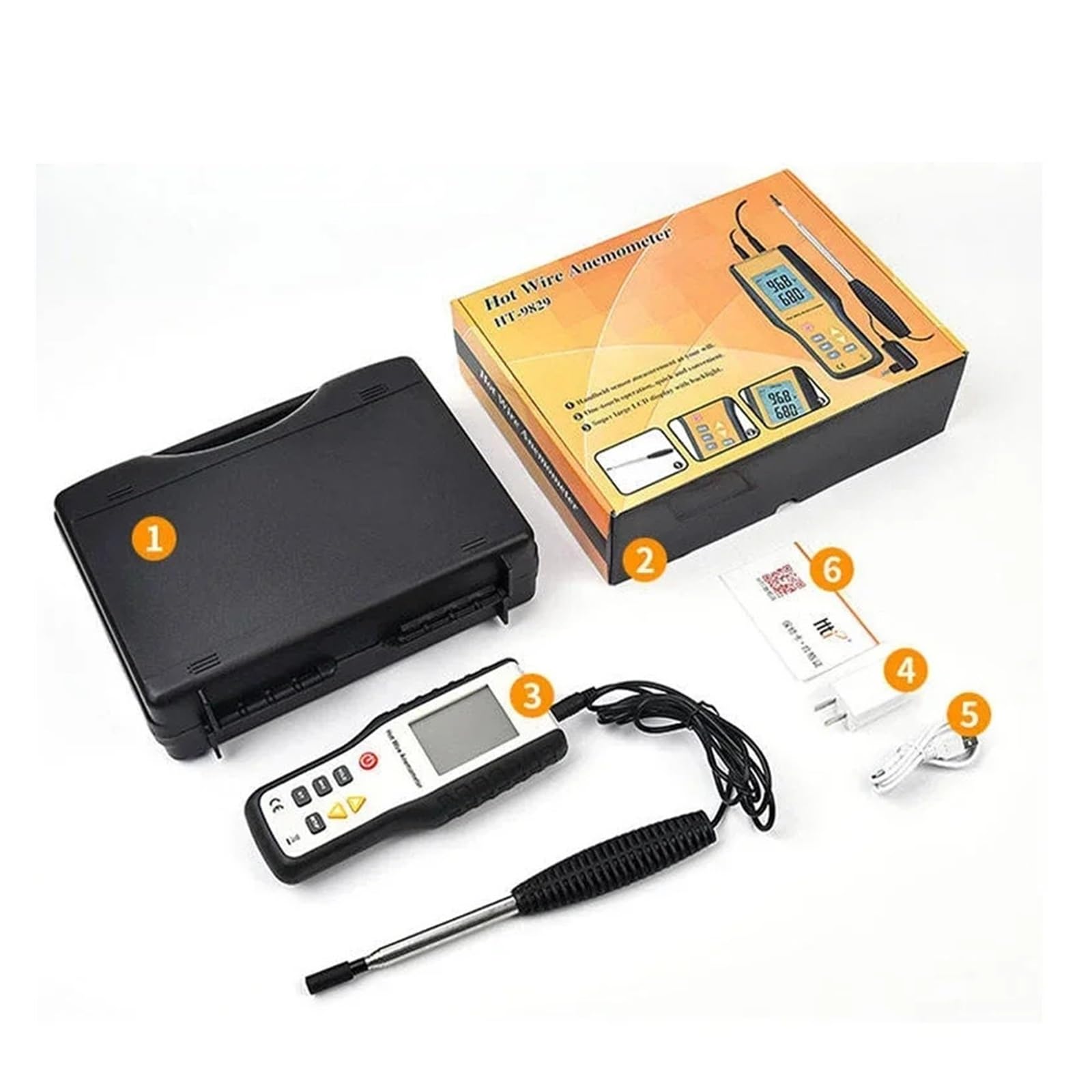 Anemómetro de Alambre Caliente HT-9829 Medidor de Velocidad del Viento y medición de Flujo de Aire para HVAC, Mide CFM/CMM, Temperatura (℃/℉)