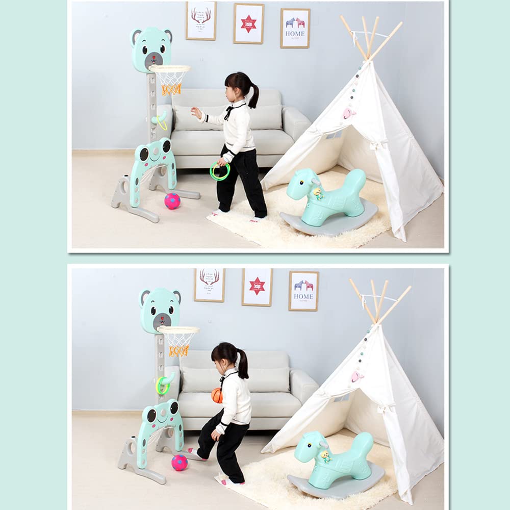 MUL-BUTIQUE Cesta de baloncesto y objetivo de fútbol 3 en 1 para niños, soporte para juegos de anillos, 57 x 49 x 150 cm, soporte de juego ajustable, forma de oso verde)