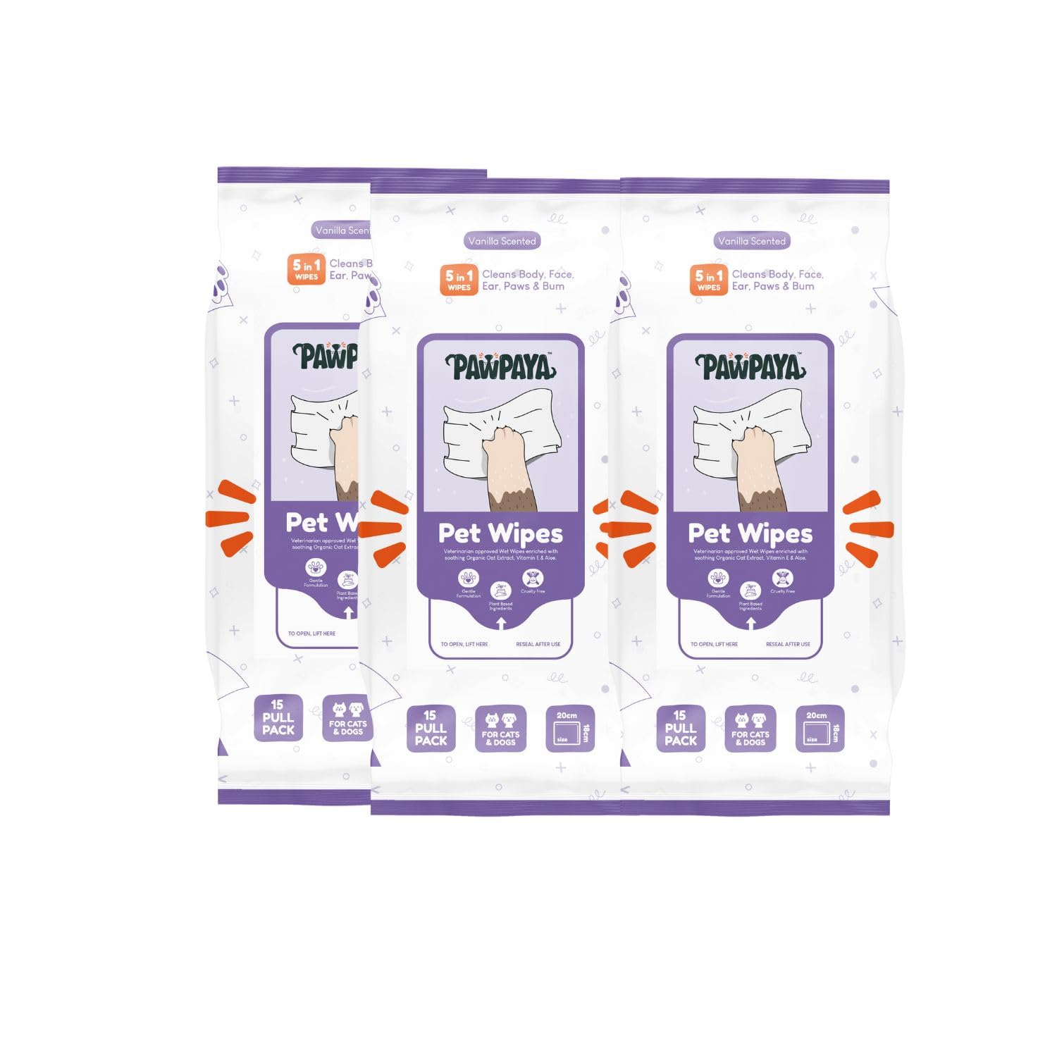 Pet Wipes for Dogs & Cats | Cleans Paws, Face & Coat | Vanilla Scent | Aloe Vera & Oat Extract | Hypoallergenic, Alcohol-Free, Gentle Cleaning Wipes | Pack of 3 (15, 40 & 100 Pulls)