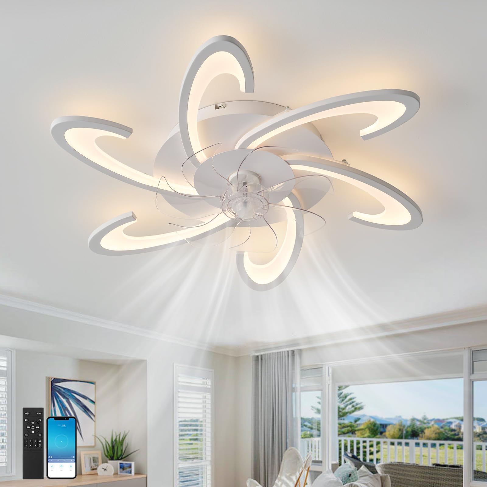 Led Ventilatore Da Soffitto Con Luce Silenzioso Camera Da Letto | 82cm Plafoniera con Ventilatore Bambini Dimmerabile 6 Velocita Lampadario Ventilatore Telecomando Timer Soggiorno Bianco