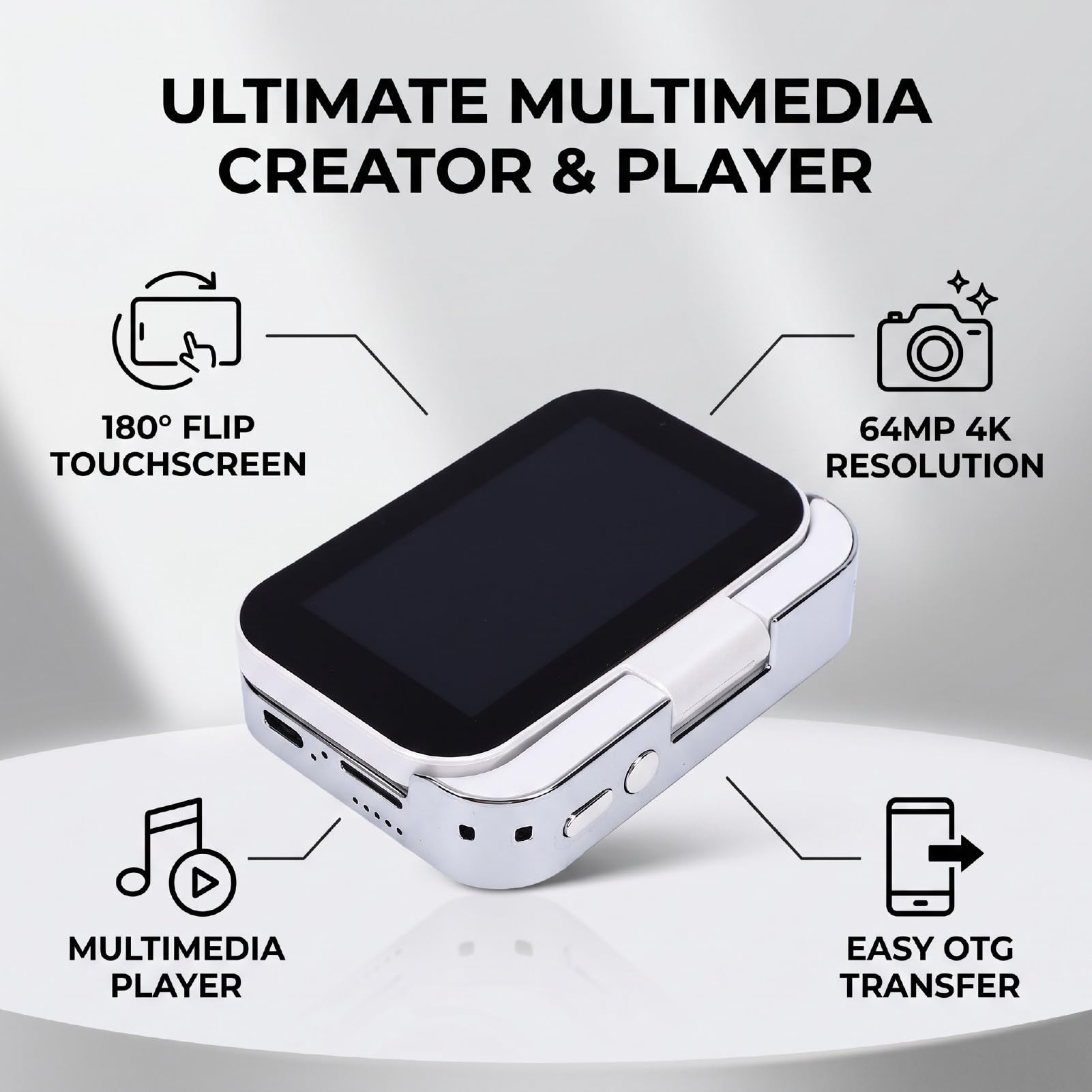 LICAEVEY 4K-Digitalmusikkamera, 64MP CCD-Kamera (Black) | 3-Zoll-180-Flip-Touchscreen mit 3600-mAh-Akku, OTG-Anschluss für Selfie-Beauty-Modus und Unterhaltung