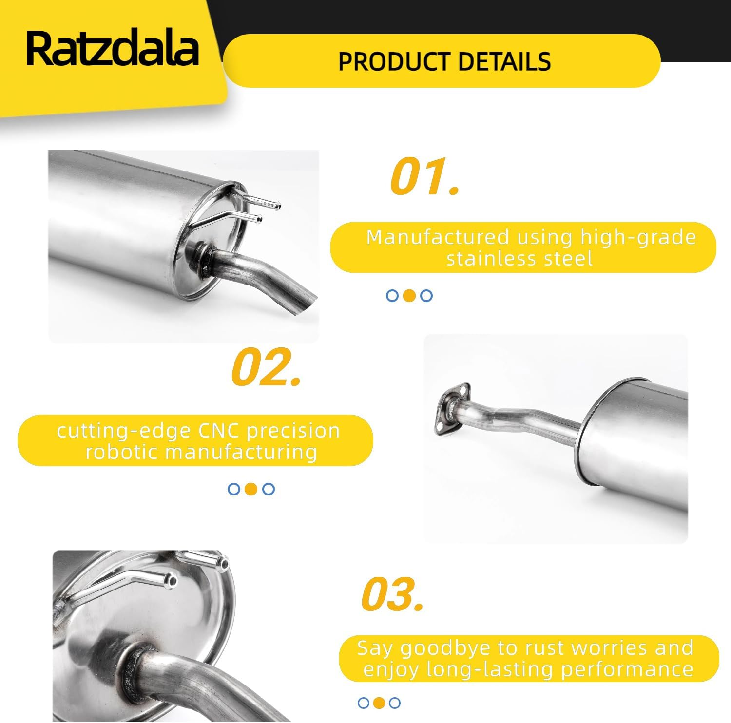 Ratzdala 54882 100% Match OEM, Stainless Steel Direct Fit Rear Exhaust Muffler Fit For 2012-2015 Honda civic Sedan/Coupe 1.8L,1.5L(Hybrid), New Replacement W/Accessories 18307-TR6-A01 HC09