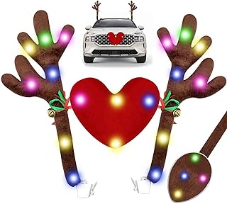 Car Christmas Reindeer Antler Decorations with LED Lights, Vehicle Reindeer Antlers for Cars with Jingle Bells Rudolph Rei...