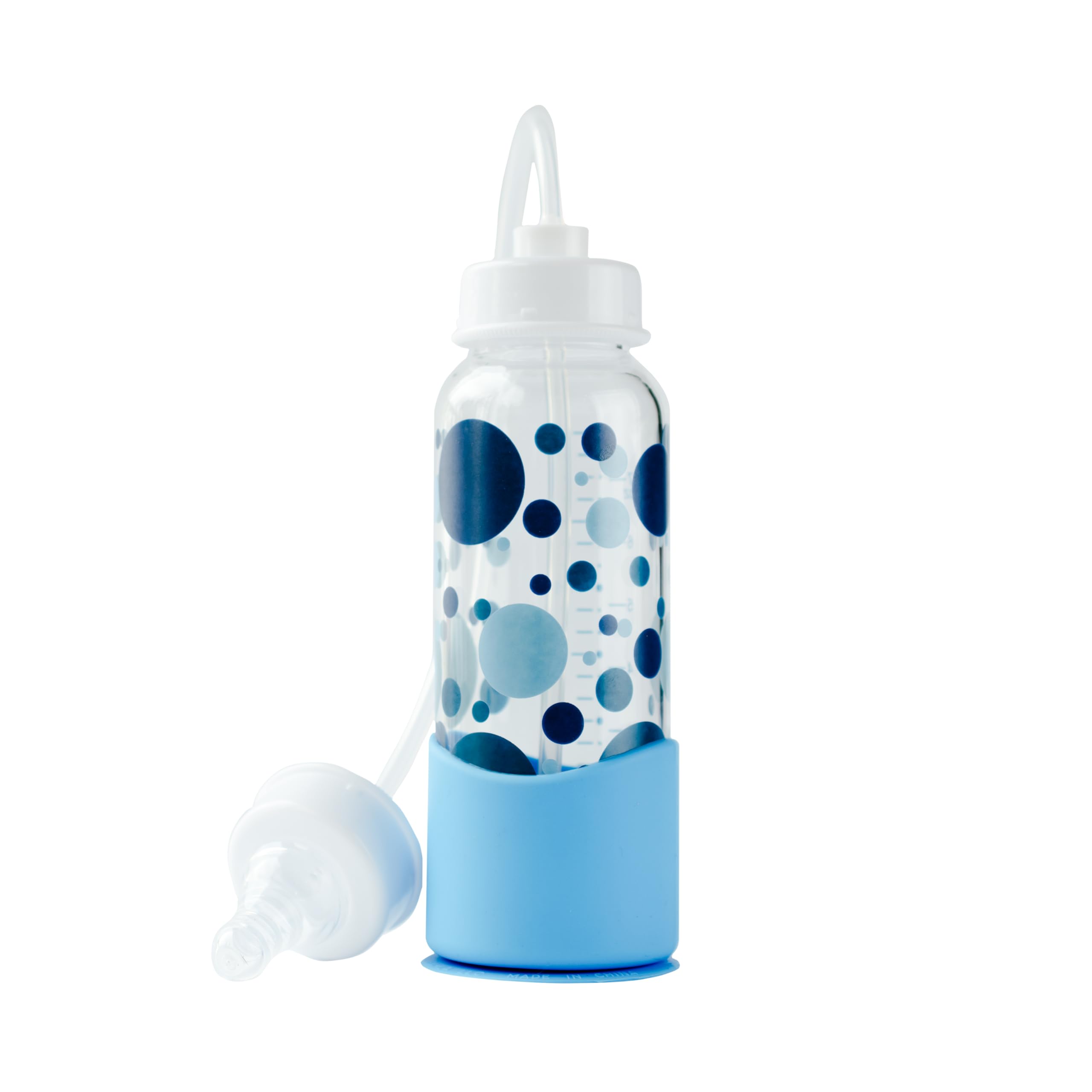 Hands-Free Baby Bottle - Anti-Colic Nursing System 7 oz Glass Baby Bottle with Fast Flow Nipple/Teat 3m+ with Tube Straw Feeding System for Toddler (1 Bottle - Blue)