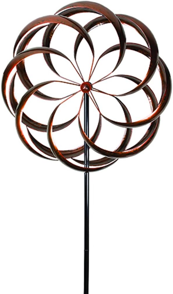 UDL Flower Wind Spinner Kinetic Art Decorative Garden Stake, Outdoor Dual Motion Double Spiral Metal Lawn Ornament, Bronze Powder Coated Yard Sculpture