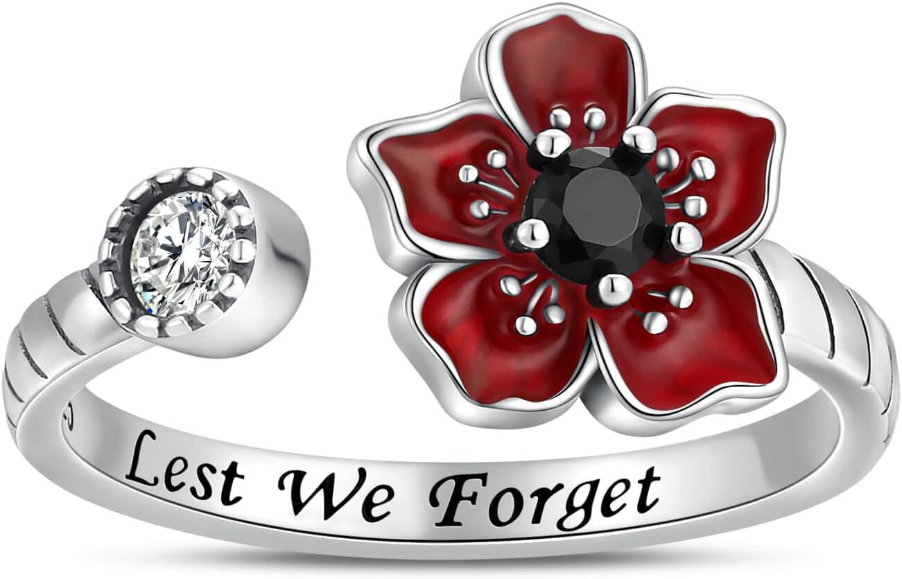 Sterling Silver Red Poppy Flower Ring Remembrance Day Jewelry Hypoallergenic Poppies Ring Gift for Women