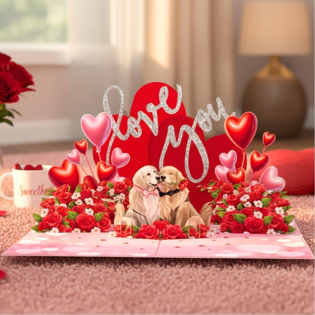 Romantic Couple Dog Valentines Card - 3D Pop Up Valentines Day Card for Husband, Wife, Him, Her, Boyfriend, Girlfriend, 6x8 in Love Valentine Pop Up Cards for Adults - Envelope Included - Image 3
