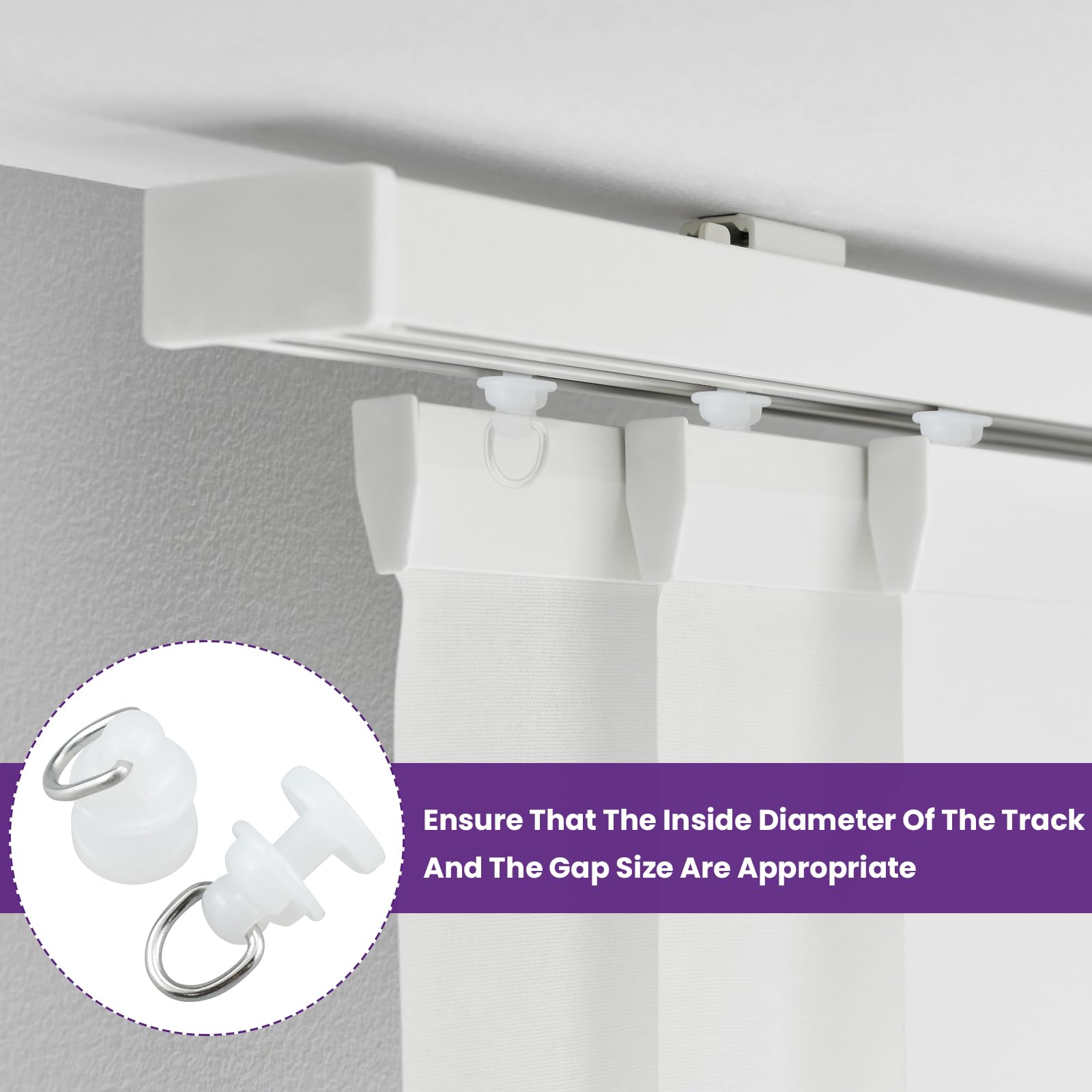 100-Pack Curtain Track Gliders – 9mm Plastic Rail Hooks For Smooth Sliding Curtains, White