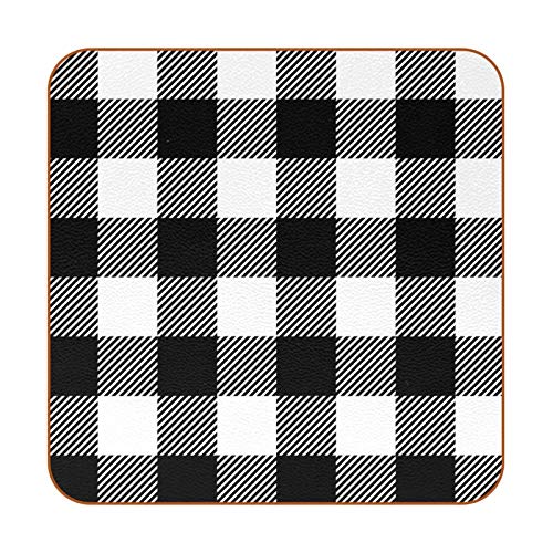 Black White Checker Plaid PU Leather Coasters for Drinks 6 Pack Square Drink Coasters Cups Place Mats for Home or Bar Use Housewarming Gift