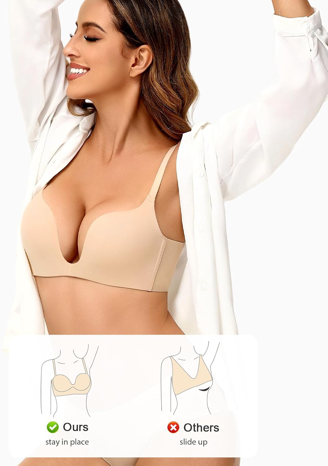 Wireless Push Up Bra Padded Plunge Add one Cup T Shirt Comfort Bras Nude 36D - Image 4