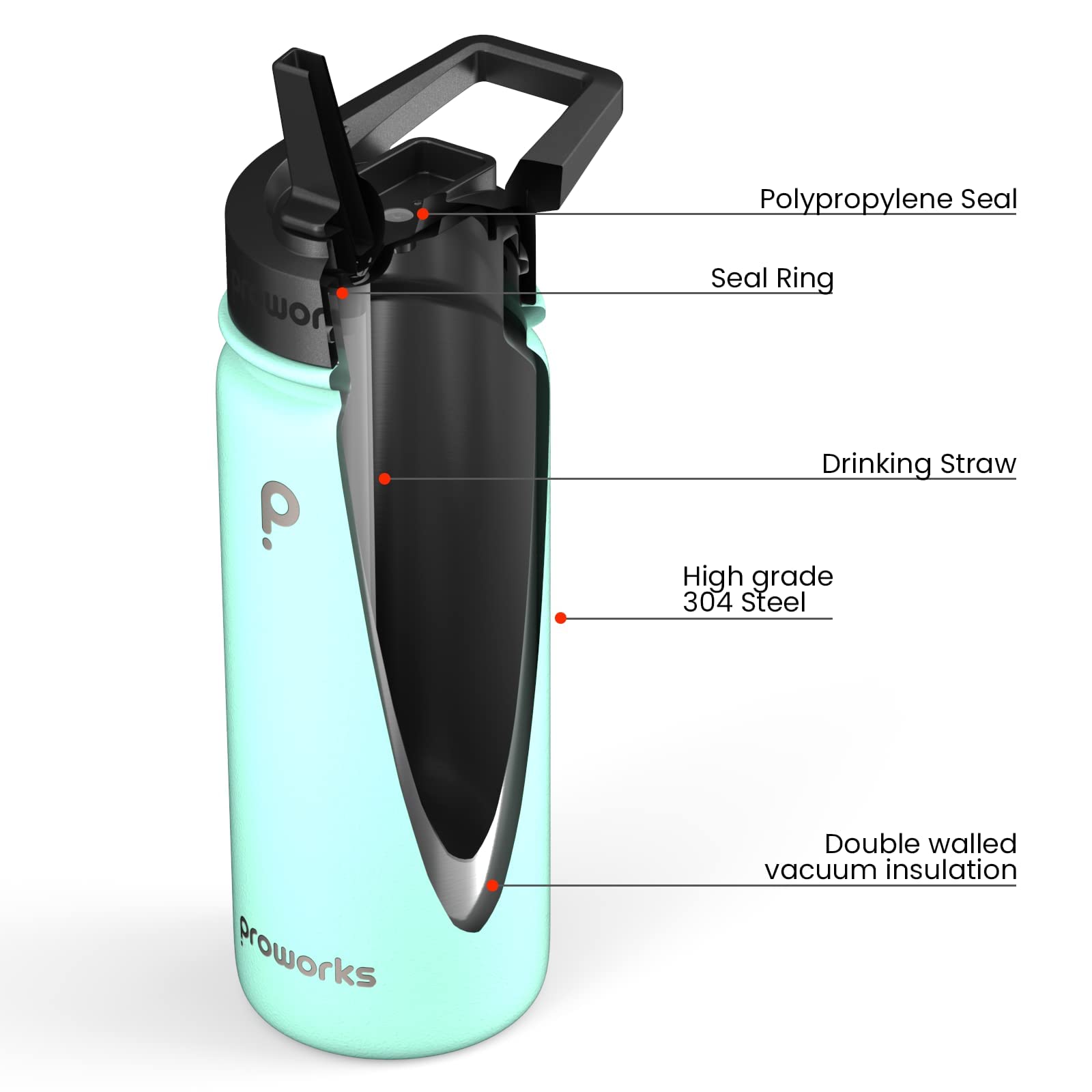 Borraccia Termica PROWORKS 1L - Acciaio Inox, Mantiene Freddo 24h E Caldo 12h, Con Cannuccia, Bianco - Foto 2