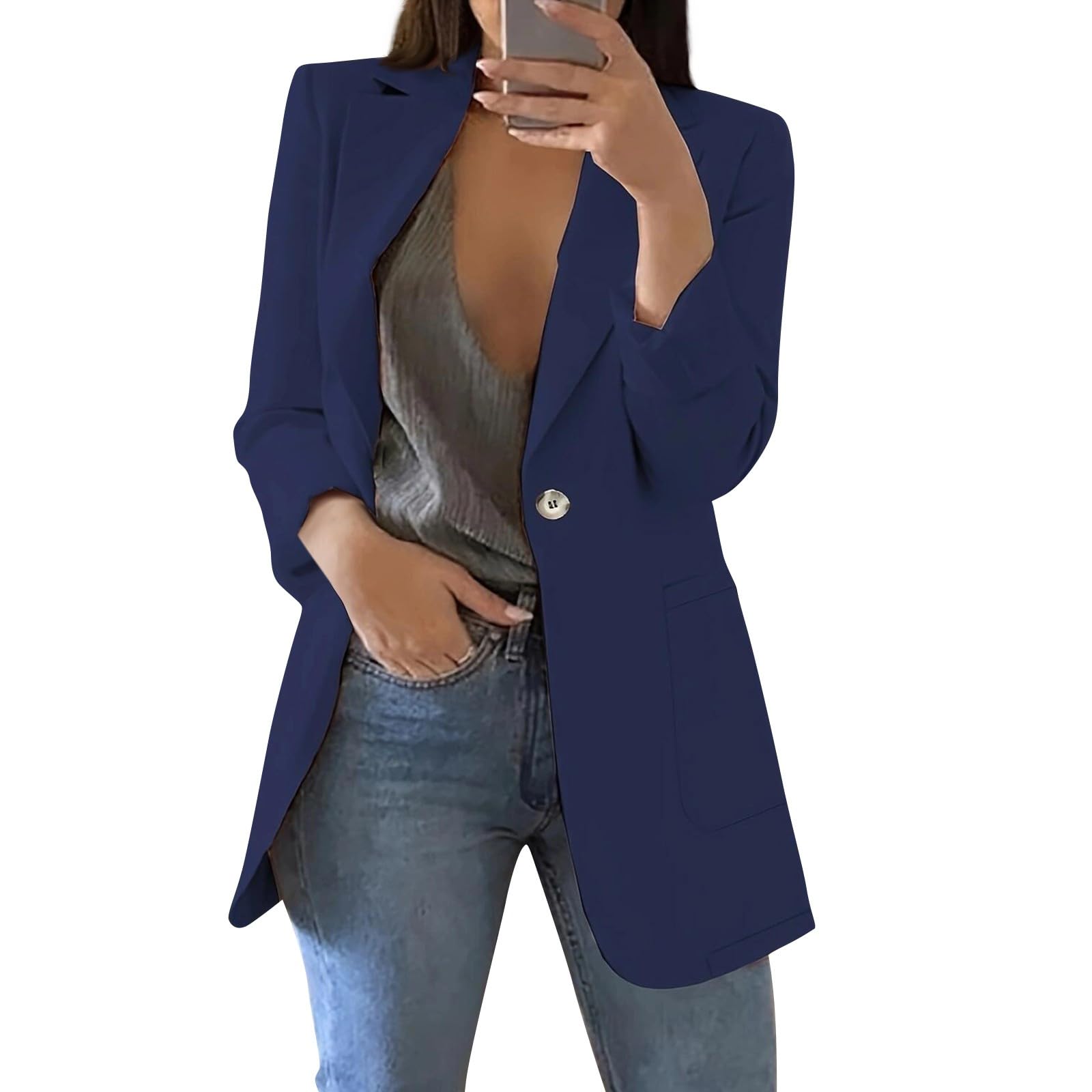 Long Blazers for Women Business Casual Comfy Slim Fit Suit Jacket Single Breasted Work Fall Blazers Jacket with