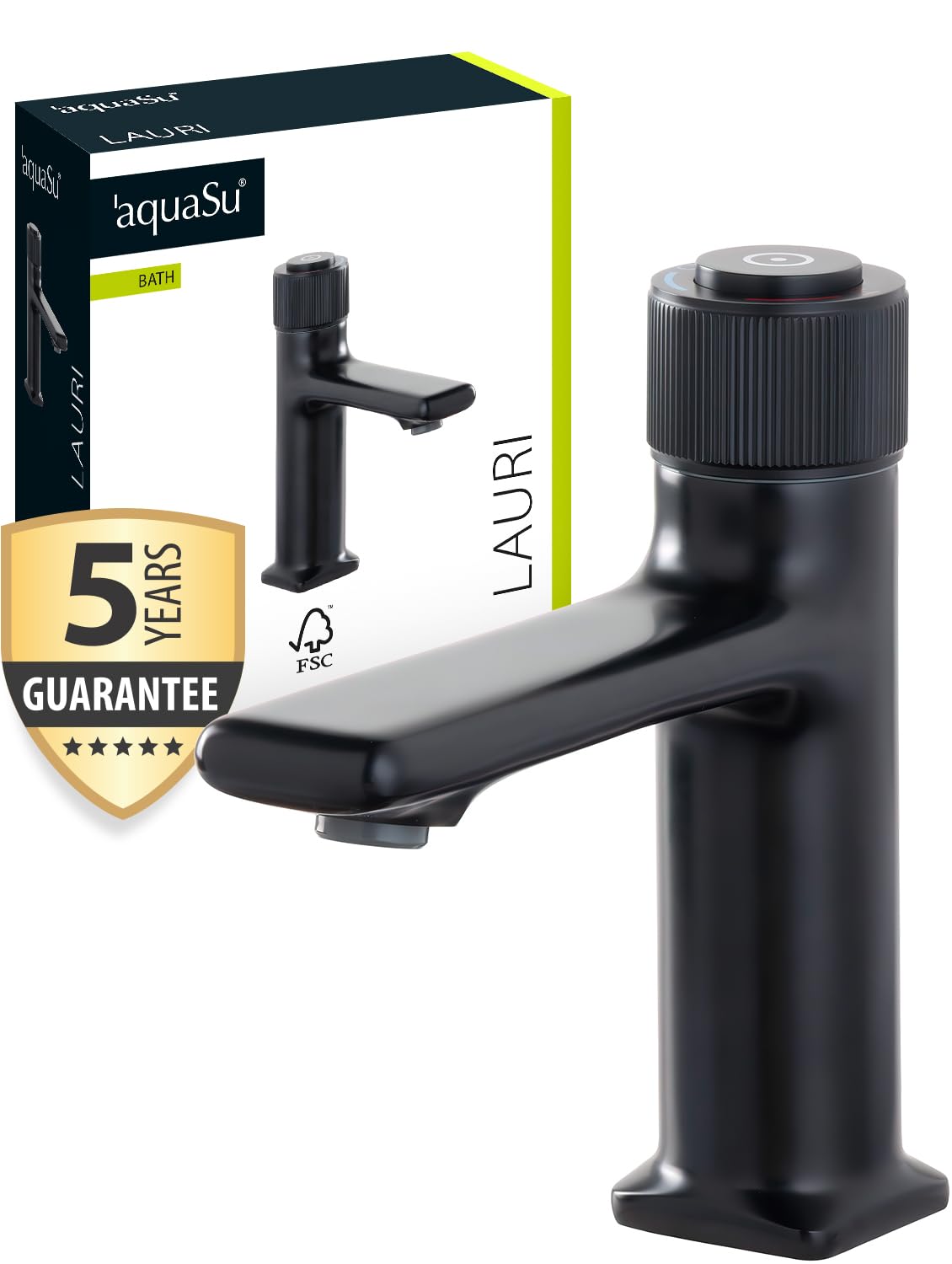 aquaSu® 799140 Lauri - Grifo para lavabo (con mango giratorio, válvula desplegable, cartucho de cerámica, fijación sin herramientas, núcleo de latón), color negro