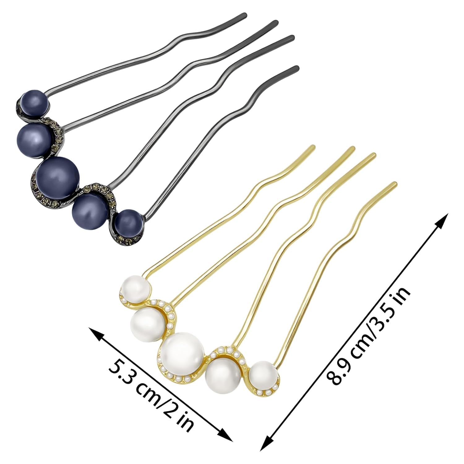 Miss Lirenn® Pearl Hair Comb Pins Set, 5.3 cm Length, Navy Blue and White with Rhinestones, (Multicolor-Pack of 2) - Image 2 thumbnail