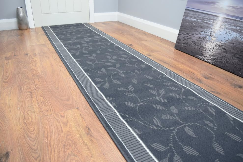 SrS Rugs® Luna Collection, Modern Long Carpet Runner Rug for Entrance Hall and Stairs. Smooth Soft 8mm Depth Pile. 70cm Wide (Border Leaf Grey, Length: 2' (60cm)) — image 1