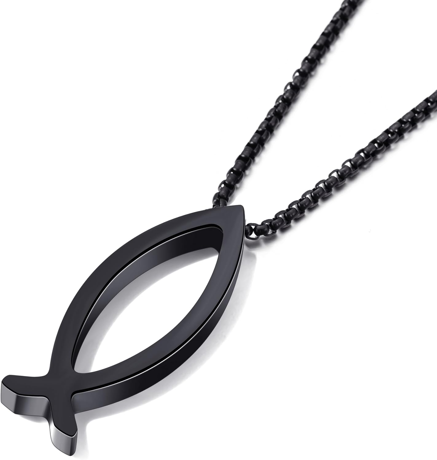 Ichthys Pendant Necklace for Men and Women Jesus Fish for Christian Faith Jewelry with 24 Inch Stainless Steel Chain, Black