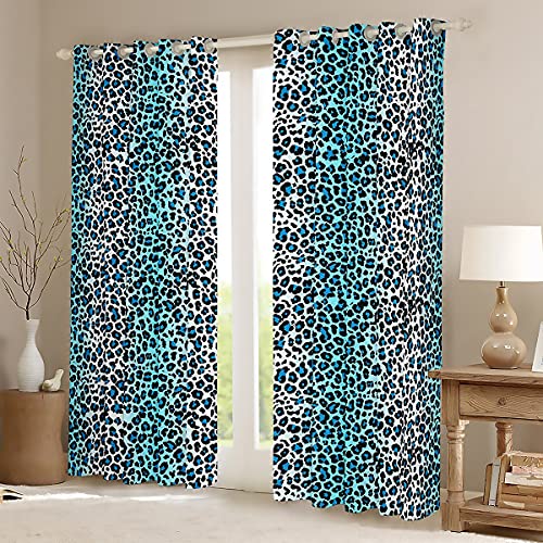 Teal Leopard Window Curtains Cheetah Tie Dye Curtain Panels Safari Animals Skin Print Window Drapes For Kids Girls Women Blue Watercolor Rich Gorgeous Window Treatments Living Room Decor 52W"X84L" #TOP2