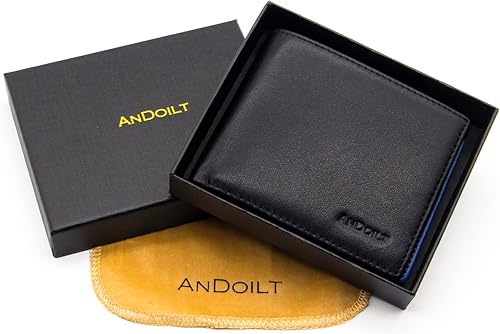 Miniatura 6 de ANDOILT Cartera delgada para hombre, de piel auténtica, bloqueo RFID, costuras ultra fuertes, elegantes carteras con ventana de identificación, L3