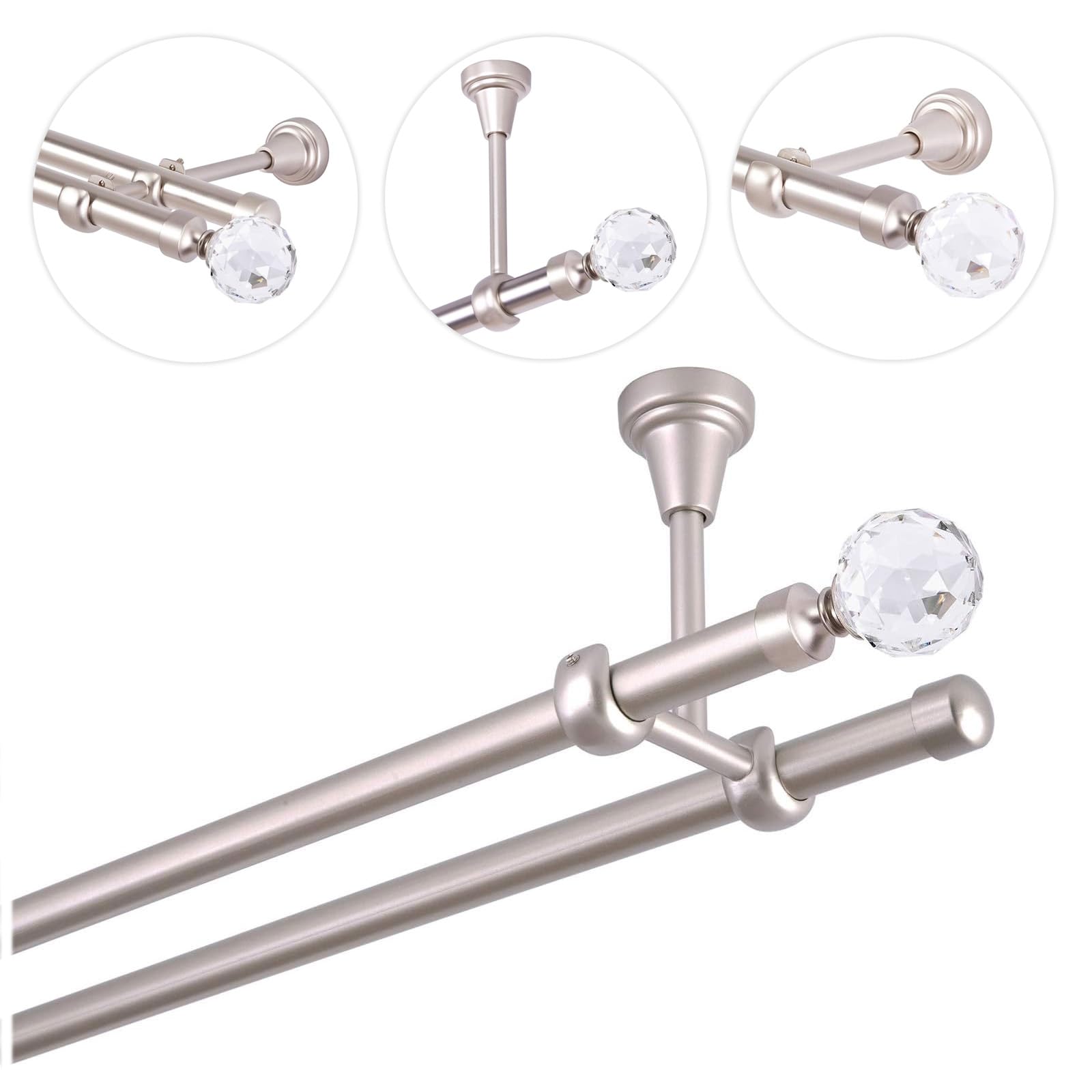 Bastone per tende da 200 cm, per montaggio a soffitto, 19 mm, 2 vie, cromato opaco, set di bastoni per tende con sfera di cristallo