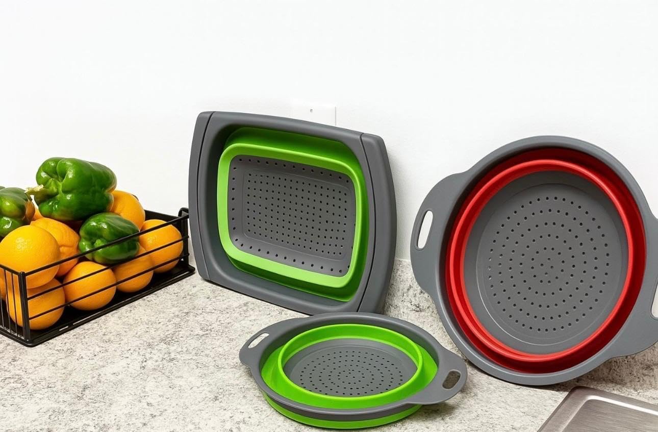 Collapsible Silicone Colander Set, 3-Piece Kitchen Strainer Set with Extendable Handles, BPA-Free, Space Saving