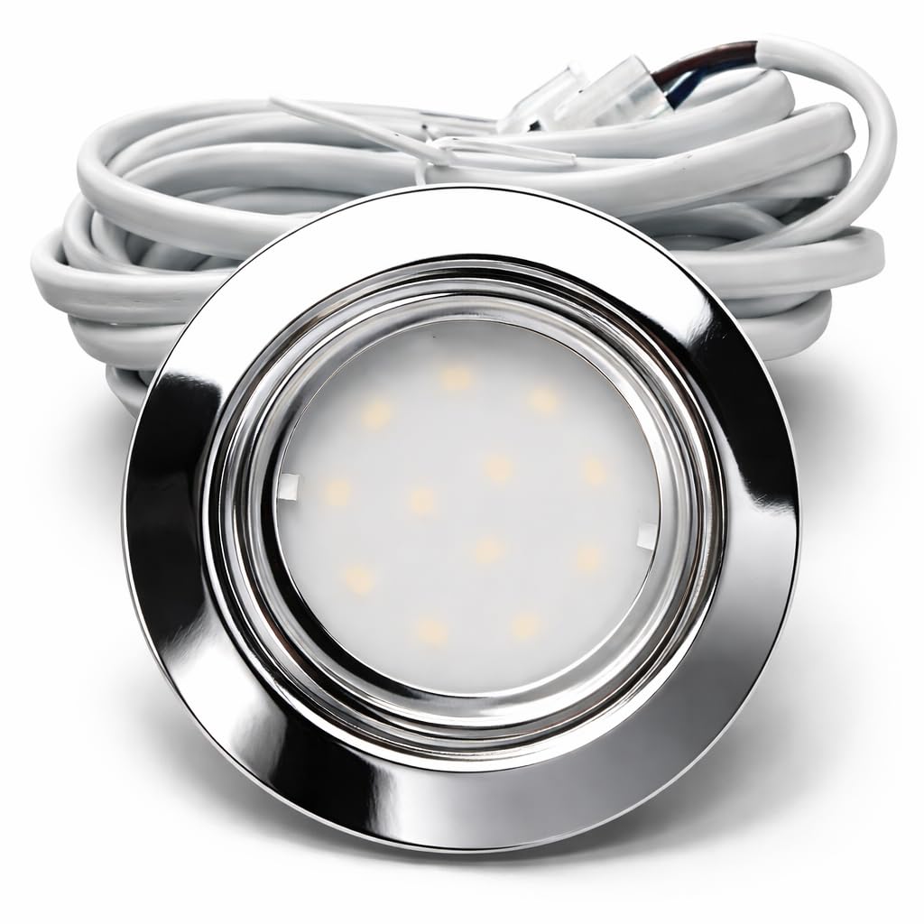 3er Set IP44 LED flache Einbaustrahler New Lina - 12V, 2,4W, Chrom, 200lm, Warmweiß (3000K), inkl. LED-Trafo mit 230V Zuleitung, Netzstecker, Schnurschalter und AMP-Verteiler, Ø 72mm, Bohrloch 54-60mm