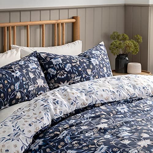 Sleepdown Floral Damask Navy Blue White Reversible Duvet Cover Quilt and Pillow Cases Bedding Set Soft Easy Care - King (230cm x 220cm)