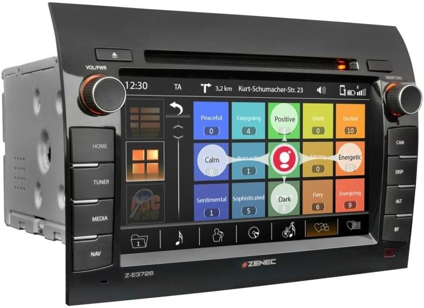 Zenec Z-E3726 display showing a multimedia interface with various mood or genre selections.