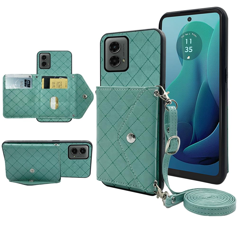 Furiet Wallet Case for Motorola Moto G 5G 2024 with Crossbody Shoulder Strap and Stand Grid PU Leather Credit Card Holder ID Credit Slot Cell