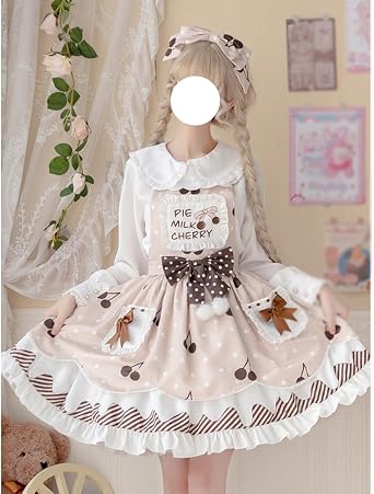 Sweet Lolita Dress Japanese Style JSK Dress Ruffle Hem Kawaii Sleeve Dress Sweet Long Sleeve Shirt for Women