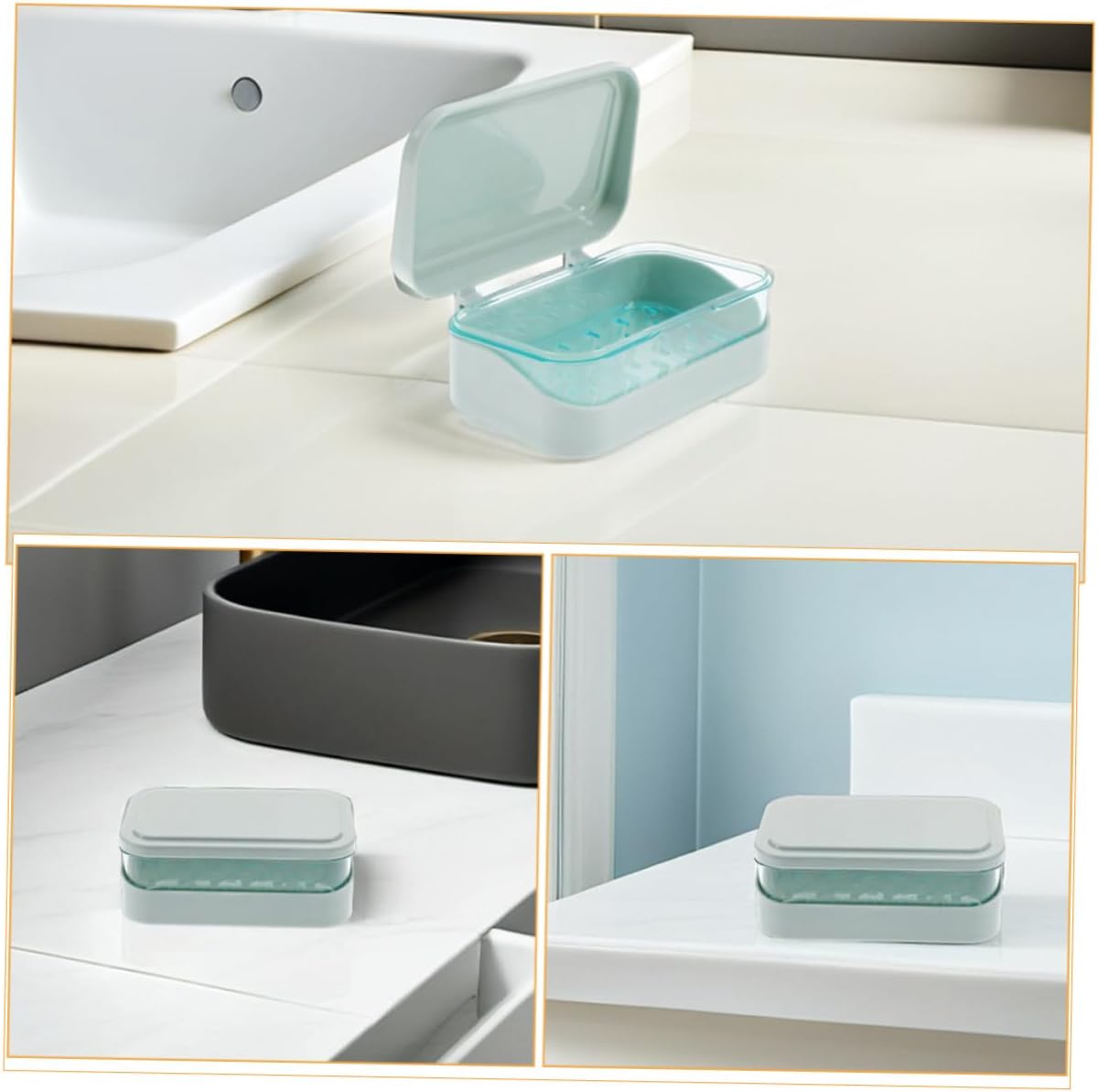 4pcs Blue Double Drain Layer Soap Dish with Lid Detachable Slotted Bathroom Soap Holder Tray for Travel Camping Gym