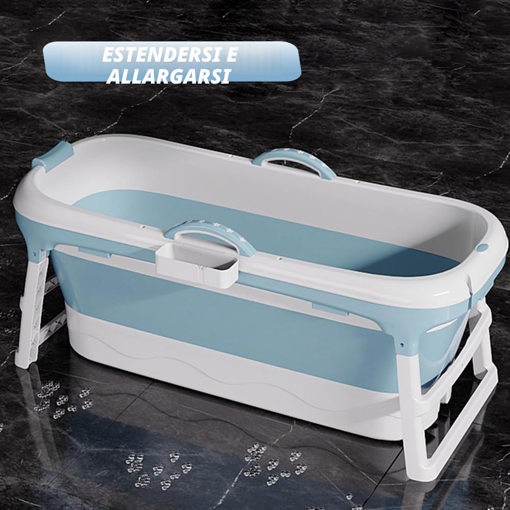 Vasca da bagno pieghevole per adulti - Portatile - Vasca da bagno mobile pieghevole con coperchio e rulli massaggianti - Portasapone - Per bagno e doccia (118 x 60 x 53 cmblu)