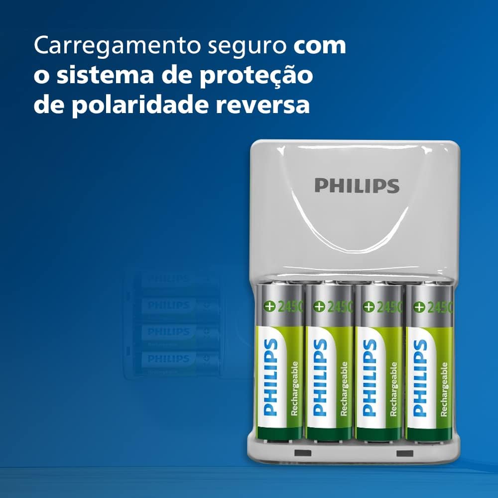 Carregador Philips de pilha recarregável AA e AAA inclui 4 pilhas AA 2.450mAh