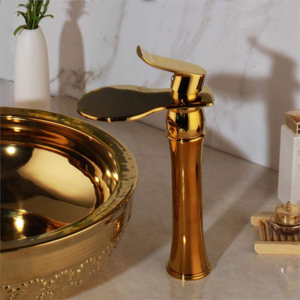 ASerZenith Luxury Tall Single Hole/Handle Polished Gold Wide Waterfall Spout Bathroom Wash Basin Sink Mixer Tap Faucet