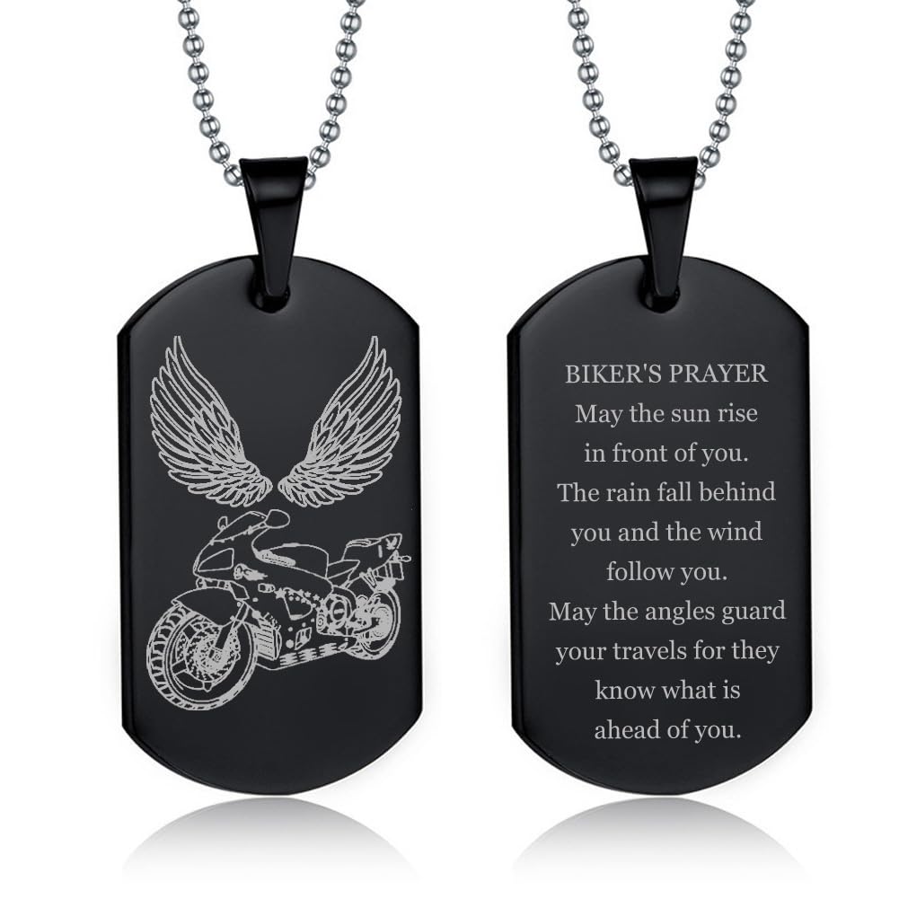 Personalized Motorcycle Necklace for Men - Stainless Steel Customized BIKER’S PRAYER Pendant Motor Punk Rock Gothic Dog Tag Necklaces Street Hip Hop Jewelry Gift for Man,Free Engraving