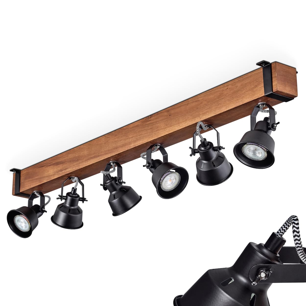 HOFSTEIN Plafoniera Safari, moderna lampada da soffitto in metallo/legno, colore nero/marrone scuro, plafoniera dal design industriale con schermi regolabili, 6 luci, 6 lampadine GU10 senza lampadina