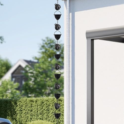 Miniatura 6 de Qipade Cadena de lluvia de 9.2 pies, cadenas de canaleta de lluvia negras con 12 tazas y decoración de mariquitas desmontable, cadena ajustable para