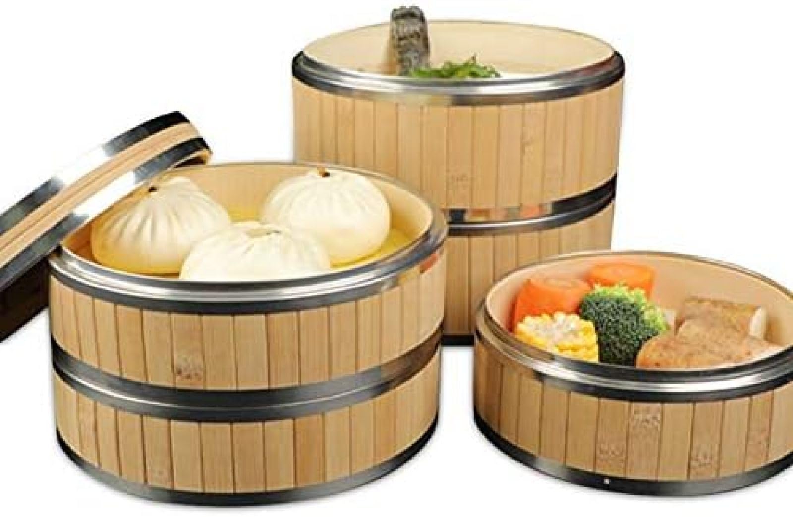 Vaporera De Bambú, Cesta De Vapor Dim Sum, Vaporeras De Comida China De 3 Niveles para Arroz, Albóndigas, Verduras, Carne Y Pescado, Reutilizable, Fácil De Limpiar,24CM